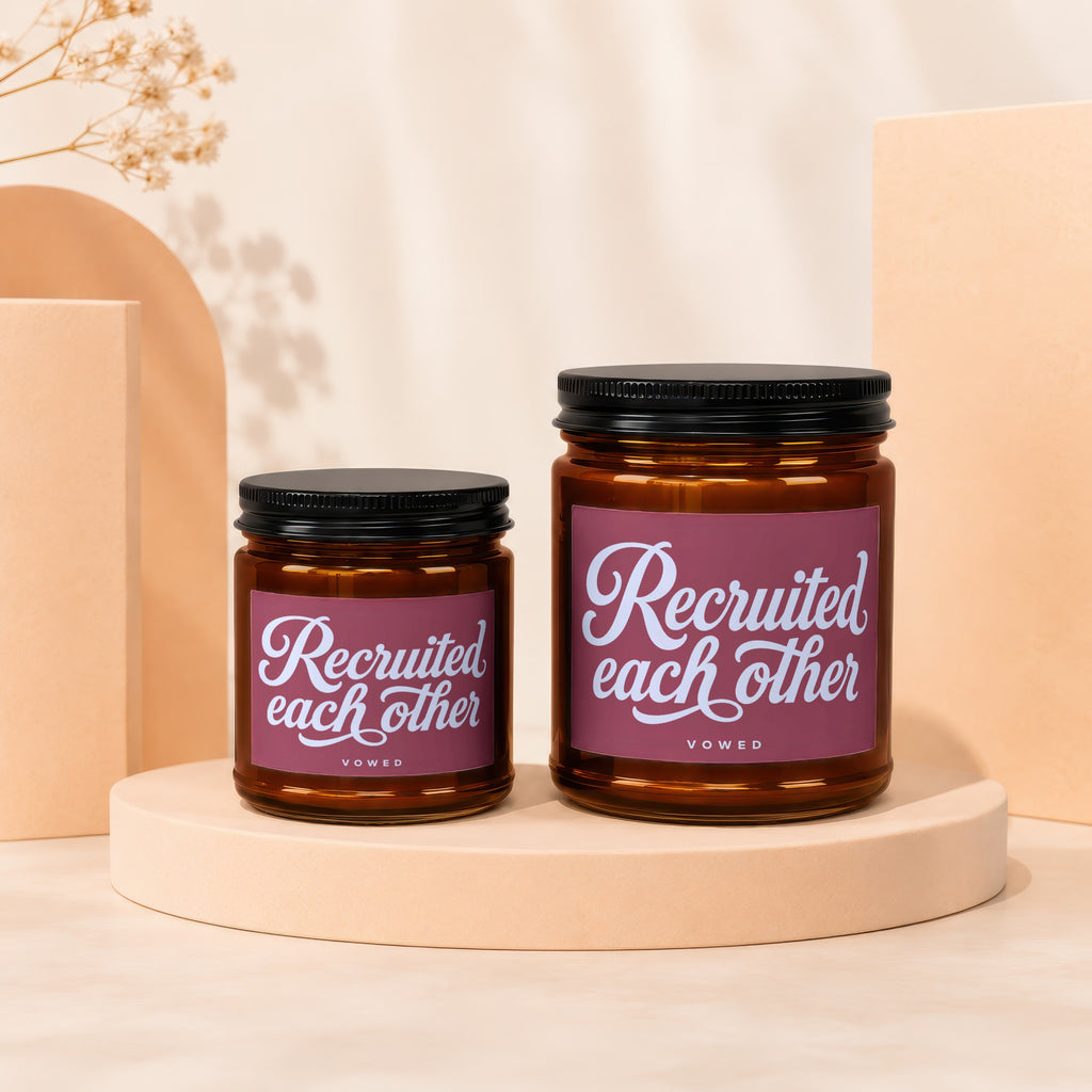 Two amber jars with black lids, labeled "Recruited each other".