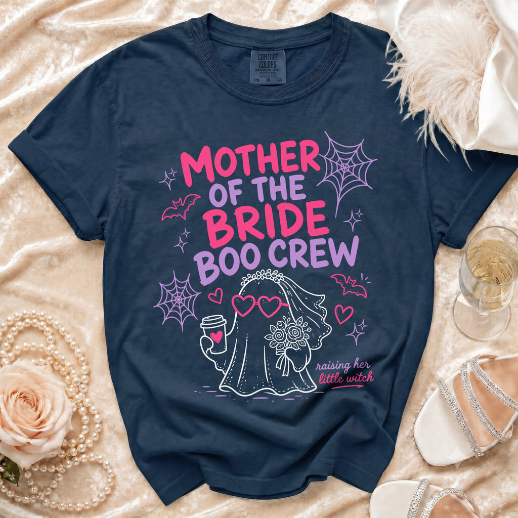 Navy t-shirt with "Mother of the Bride Boo Crew" and a ghost bride graphic.