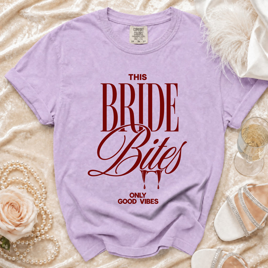 Lavender t-shirt with "THIS BRIDE Bites ONLY GOOD VIBES" text.