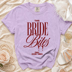 Lavender t-shirt with "THIS BRIDE Bites ONLY GOOD VIBES" text.