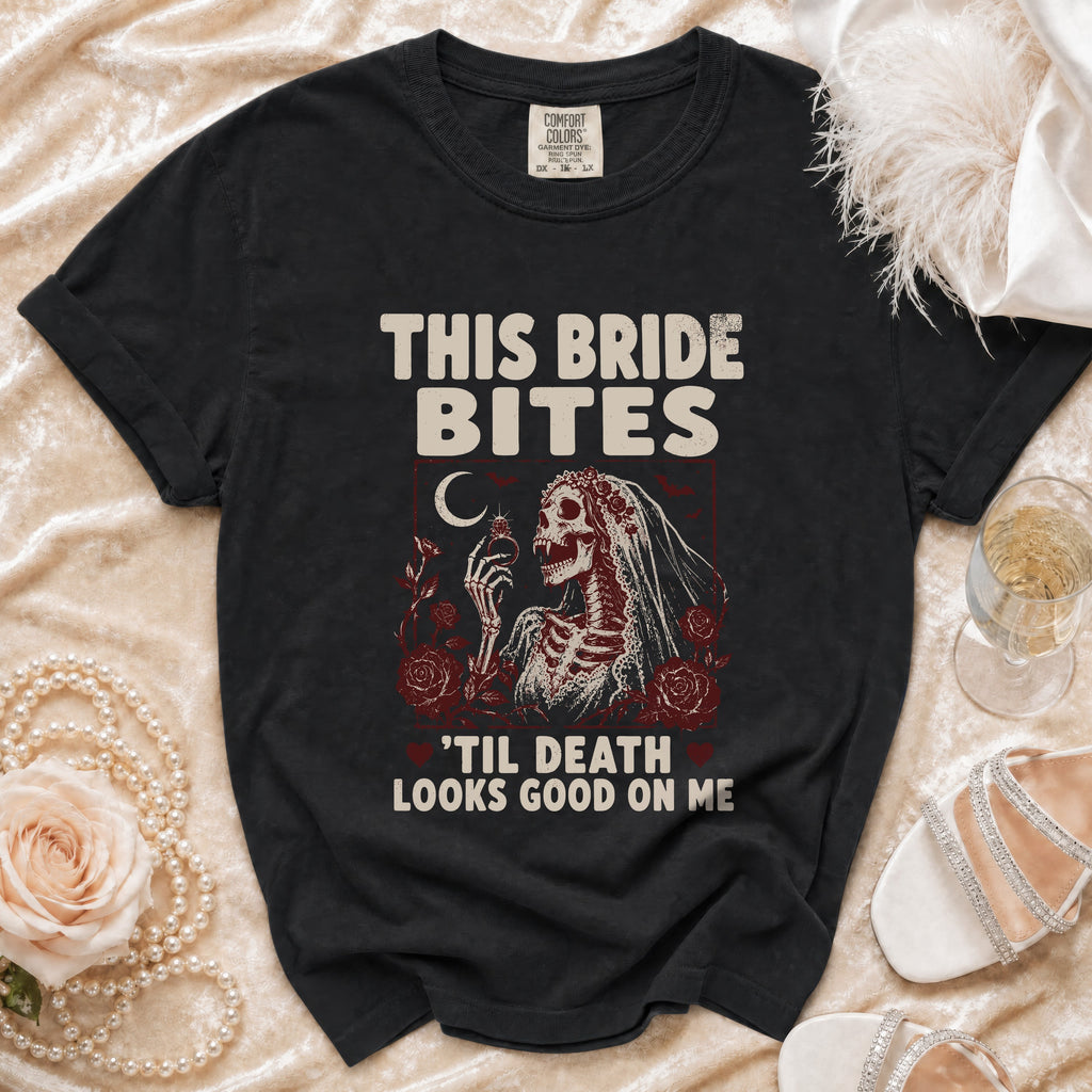 Black t-shirt with "This Bride Bites" and skeleton bride text and graphic.