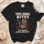 Black t-shirt with "This Bride Bites" and skeleton bride text and graphic.