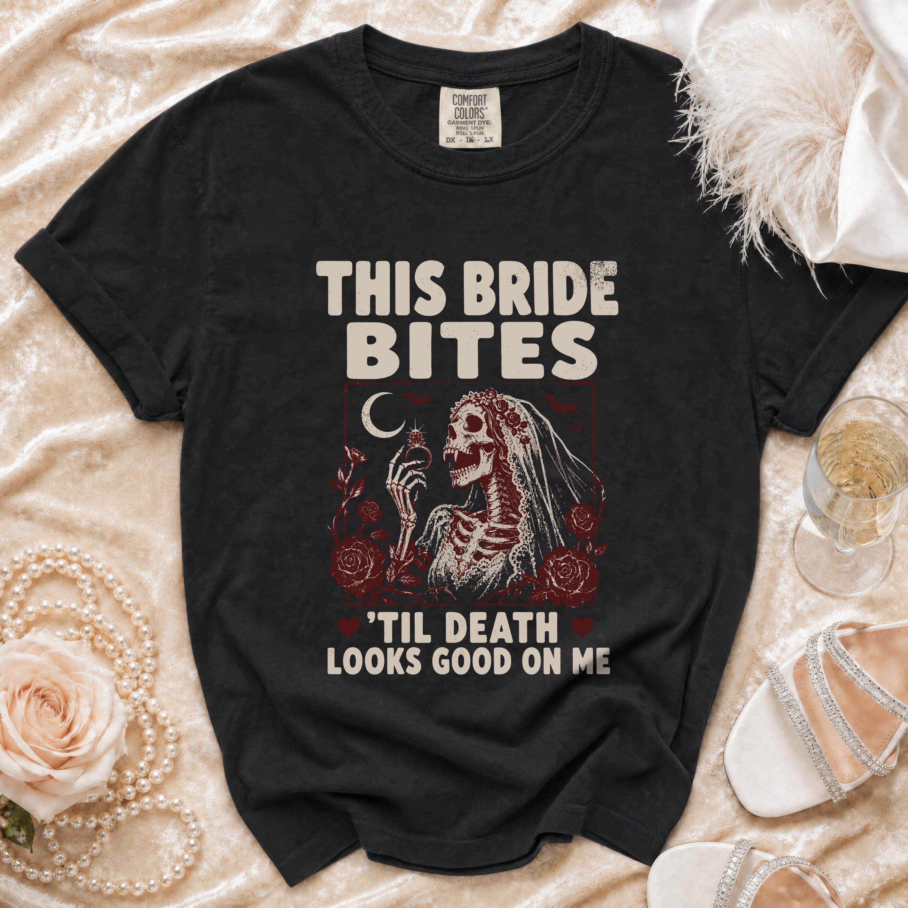 Black t-shirt with "This Bride Bites" and skeleton bride text and graphic.