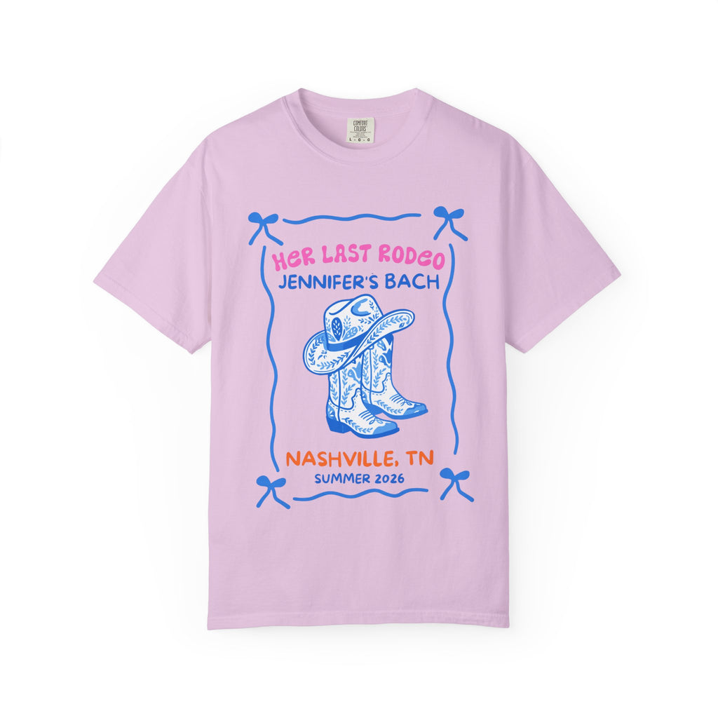Pink t-shirt with "Her Last Rodeo Jennifer's Bach Nashville, TN Summer 2026" text.