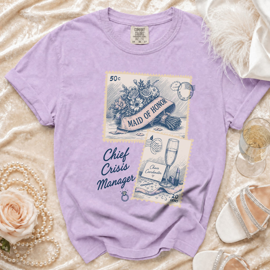 Purple t-shirt with "Maid of Honor" and "Chief Crisis Manager" text.