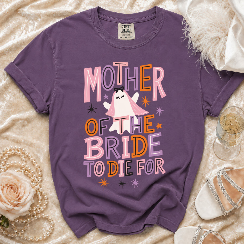 Purple t-shirt with ghost graphic and "Mother Of The Bride To Die For" text.