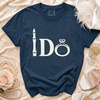 Navy t-shirt with white "i Do" text and diamond ring graphic.