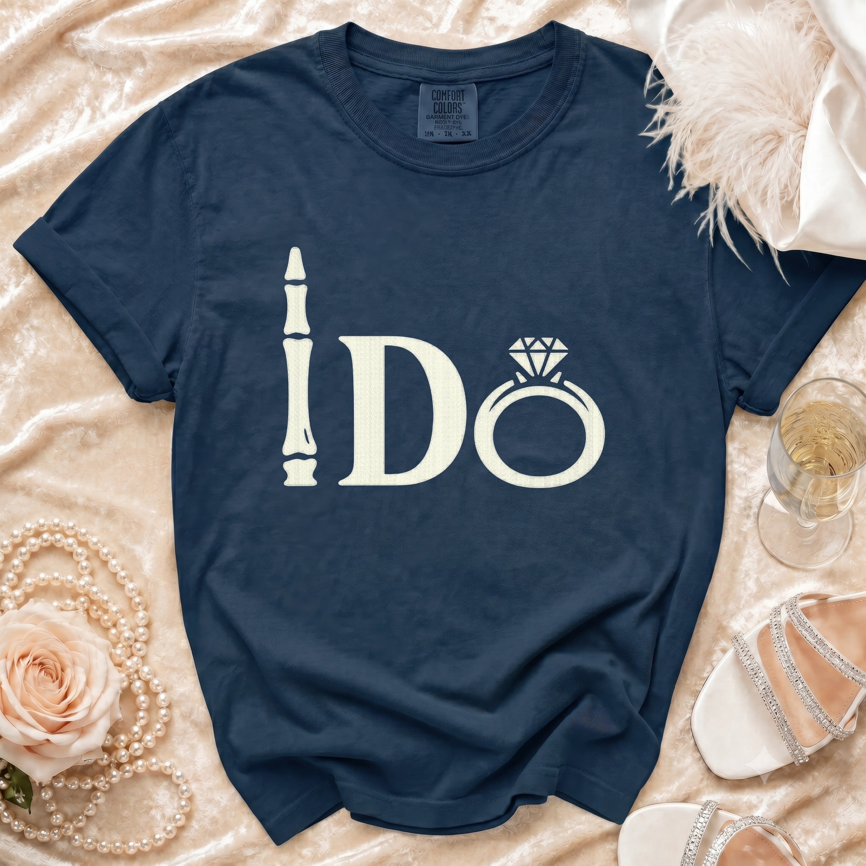 Navy t-shirt with white "i Do" text and diamond ring graphic.