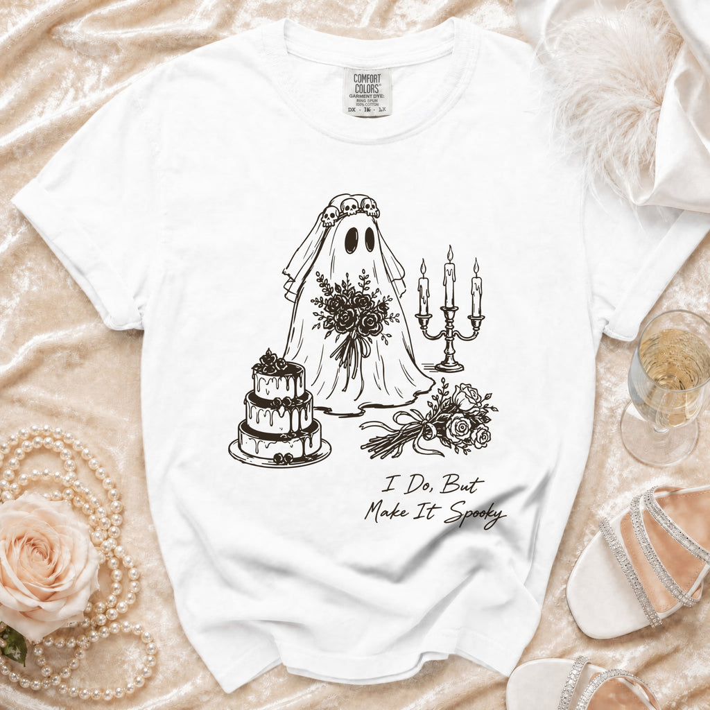 White t-shirt with a ghost bride design, wedding cake, and text "I Do, But Make It Spooky."