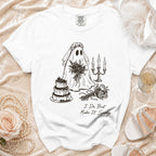 White t-shirt with a ghost bride design, wedding cake, and text "I Do, But Make It Spooky."