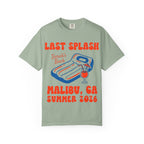 Sage t-shirt with "Last Splash Sarah's Bach Malibu, CA Summer 2026" and pool float.