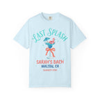 Light blue t-shirt with "Last Splash" and "Sarah's Bach Malibu, CA Summer 2026" text.