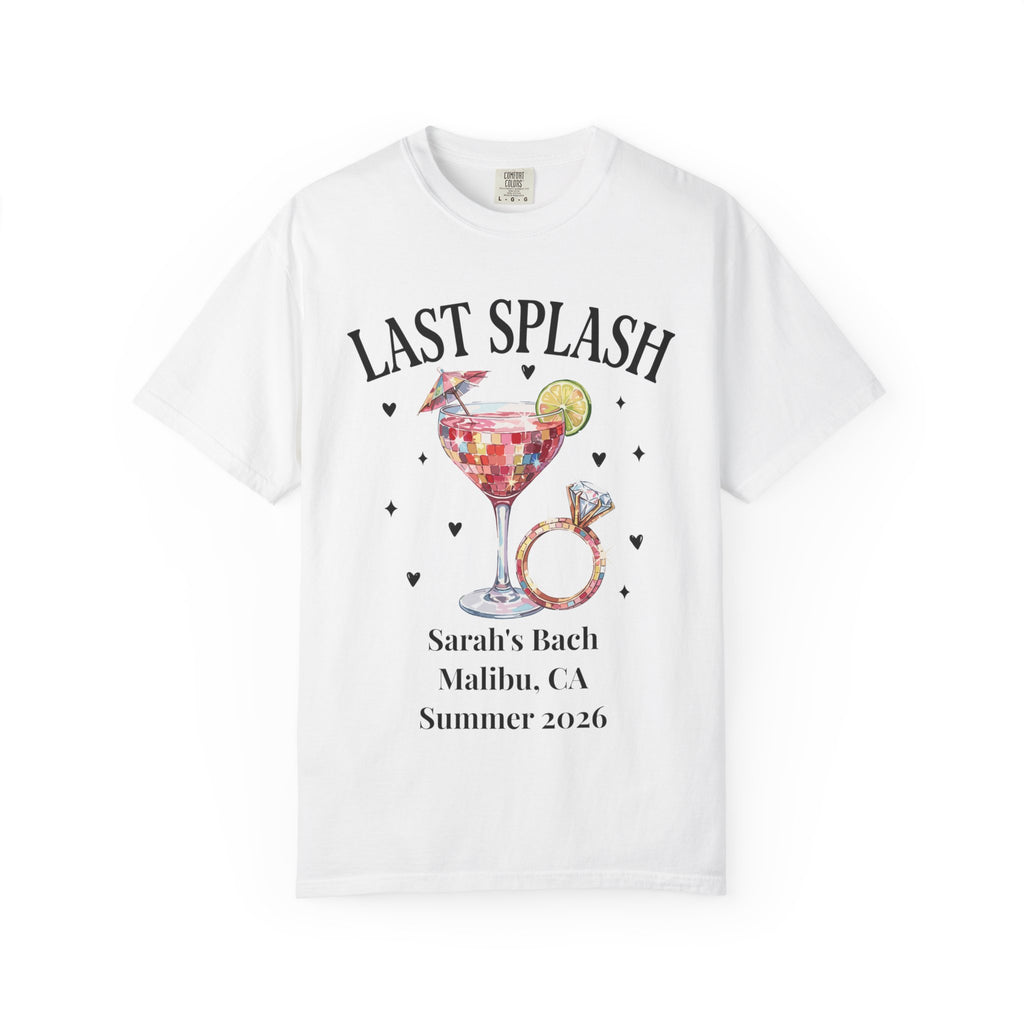 White t-shirt with "Last Splash" cocktail, ring, and event details.