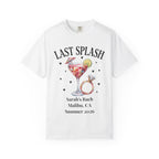 White t-shirt with "Last Splash" cocktail, ring, and event details.