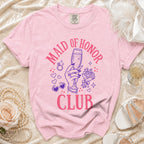Pink t-shirt with "Maid of Honor Club" text and graphic design.