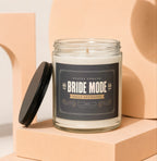 Glass jar candle with black lid, labeled "Bride Mode Fully Activated".