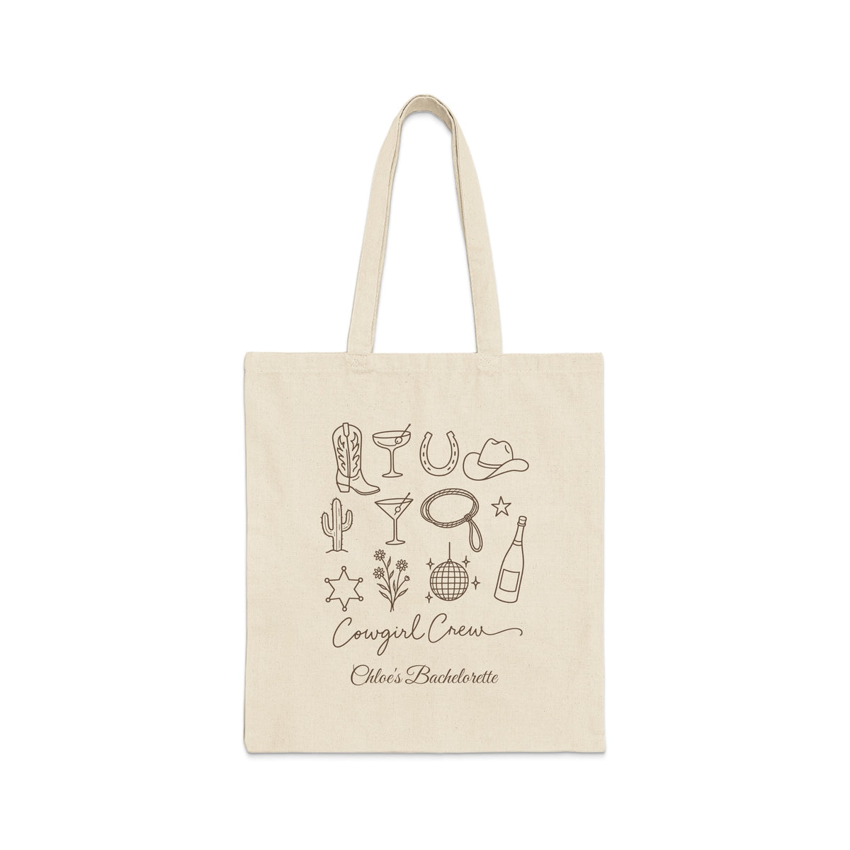Beige canvas tote bag featuring brown line art icons and text reading Cowgirl Crew and Chloes Bachelorette.