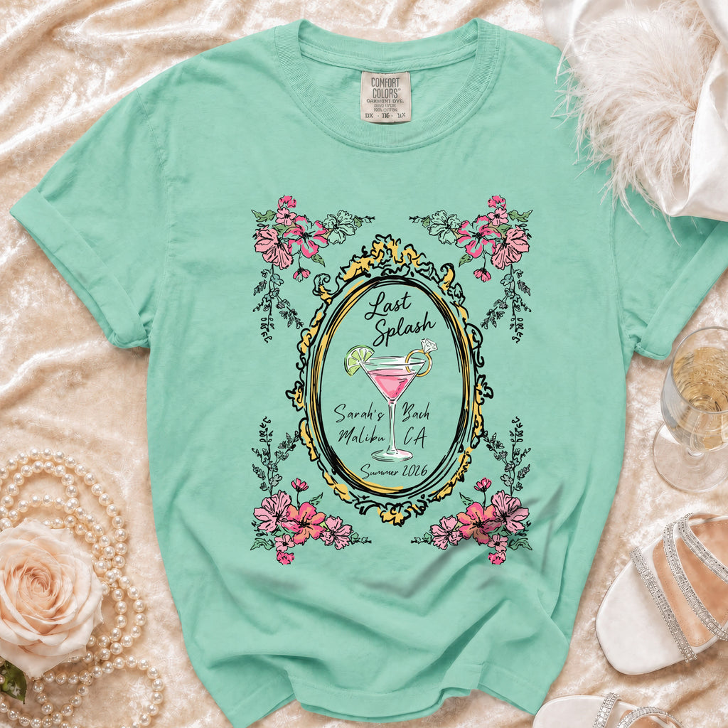Mint green t-shirt with "Last Splash Sarah's Bach Malibu CA Summer 2026" design.