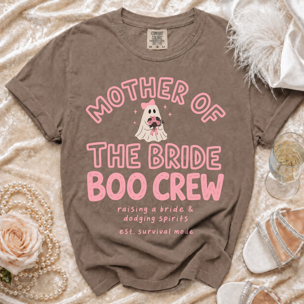 Brown t-shirt with "Mother of the Bride Boo Crew" text and ghost graphic.