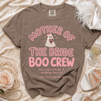 Brown t-shirt with "Mother of the Bride Boo Crew" text and ghost graphic.