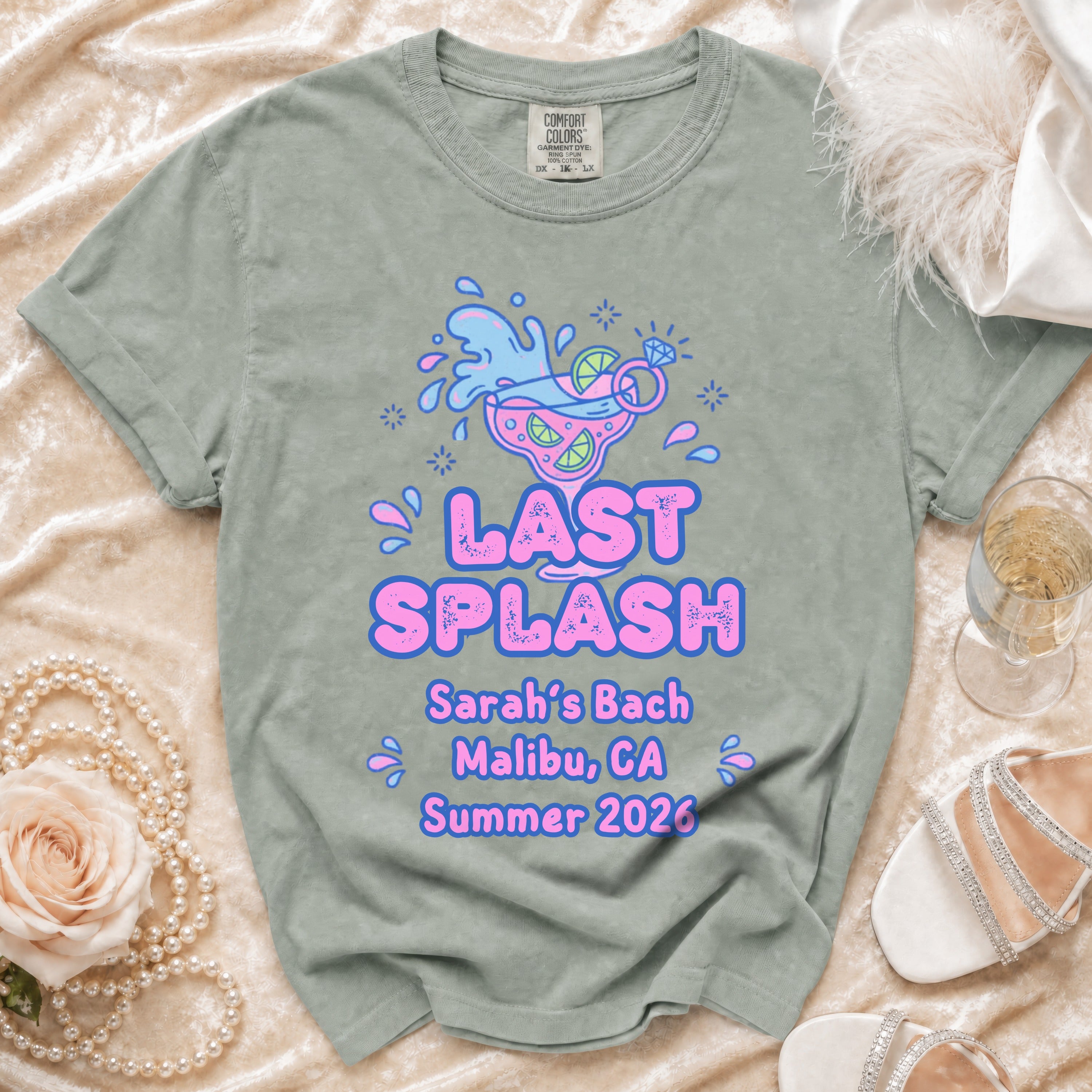 Comfort Colors shirt with "Last Splash" and bachelorette details.