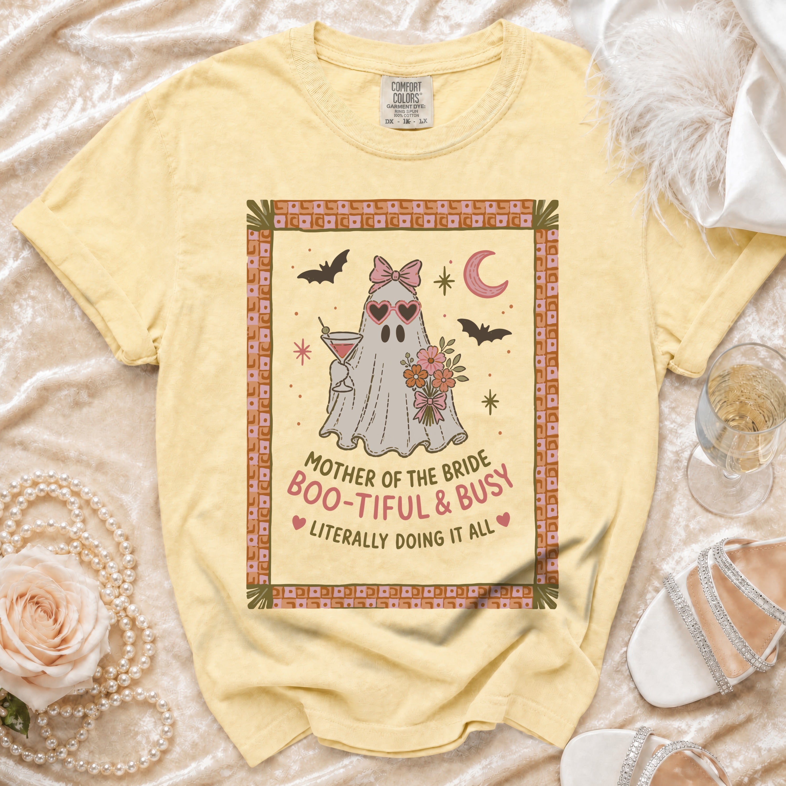 Yellow Comfort Colors t-shirt with "Mother of the Bride Boo-tiful & Busy" ghost graphic.