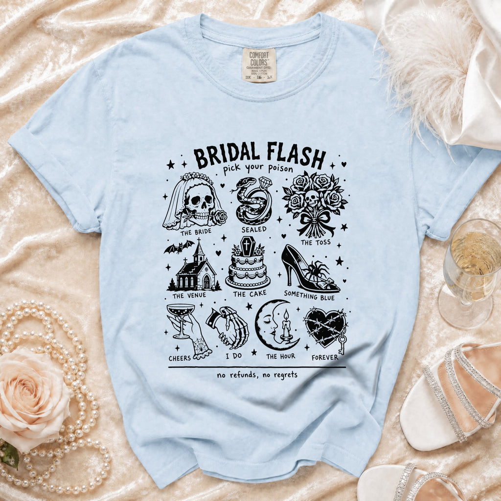 Light blue t-shirt with black gothic Bridal Flash graphic and text.