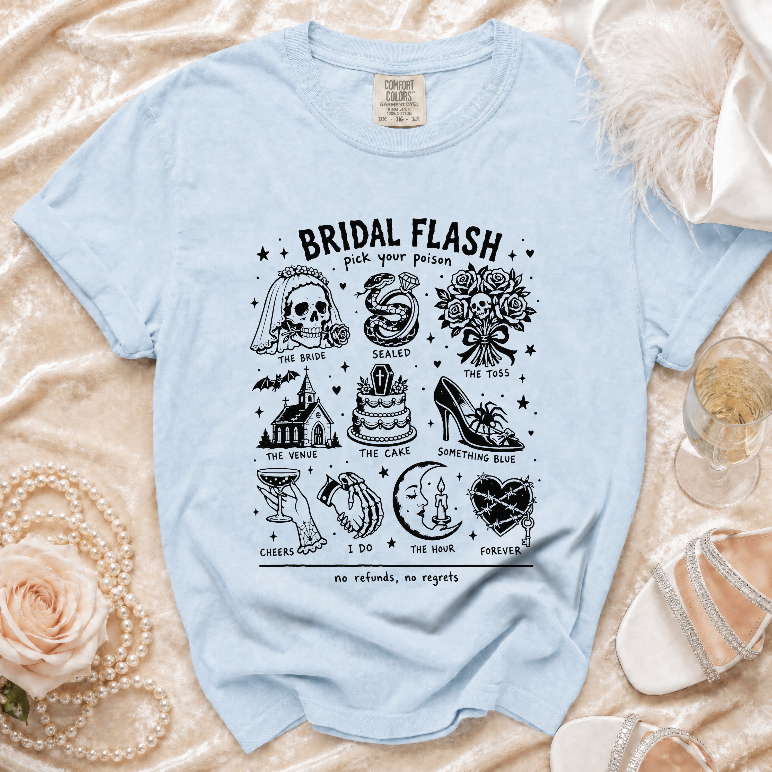 Light blue t-shirt with black gothic Bridal Flash graphic and text.