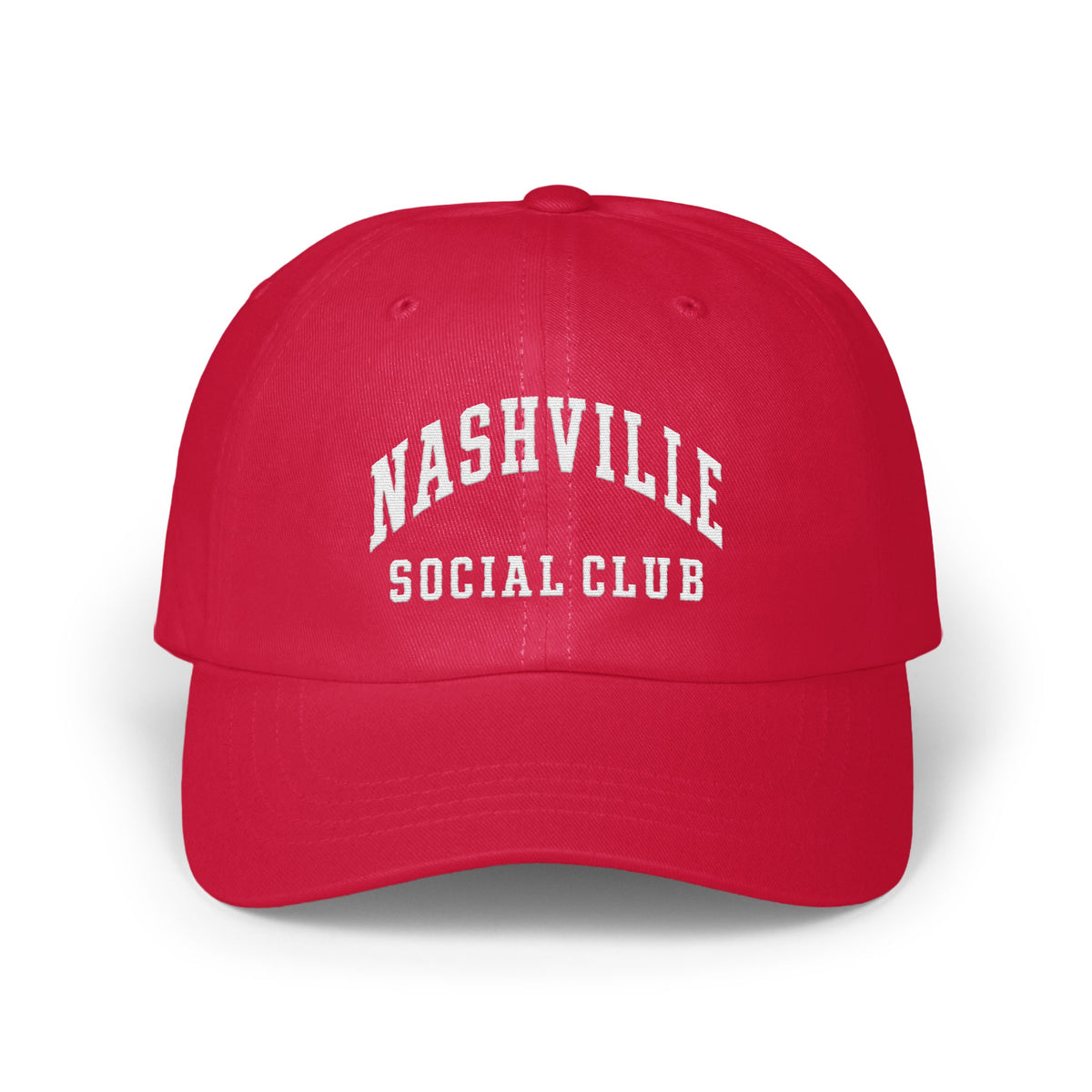 Bright red baseball cap with white embroidered text reading Nashville Social Club centered on the front panel.
