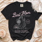 Black t-shirt with "Best Mom By Default" and Halloween ghost design.