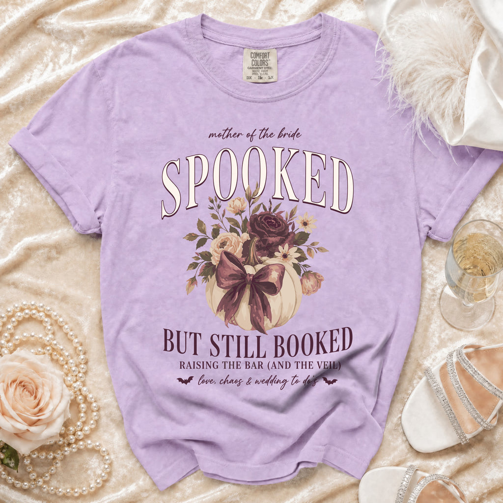 Lavender t-shirt for mother of the bride reading "Spooked But Still Booked."