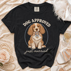 Black t-shirt with dog graphic reading "Dog Approved" and "just married" below.