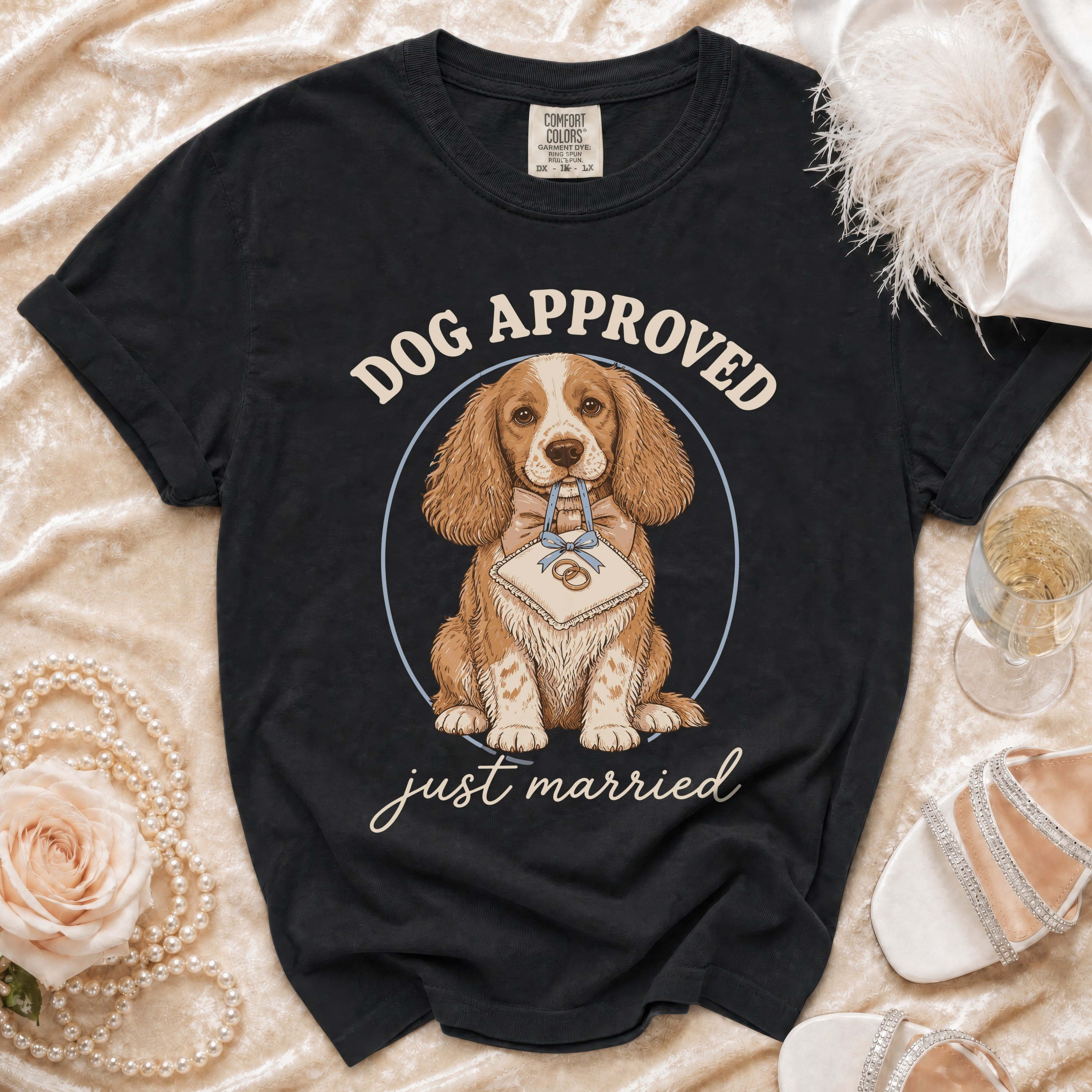 Black t-shirt with dog graphic reading "Dog Approved" and "just married" below.