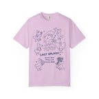 Lilac t-shirt with "Last Splash Sarah's Bach Malibu CA Summer 2026" text and duck illustrations.