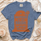 Blue t-shirt with "Mother of the Bride. Rip to my wallet." tombstone graphic.