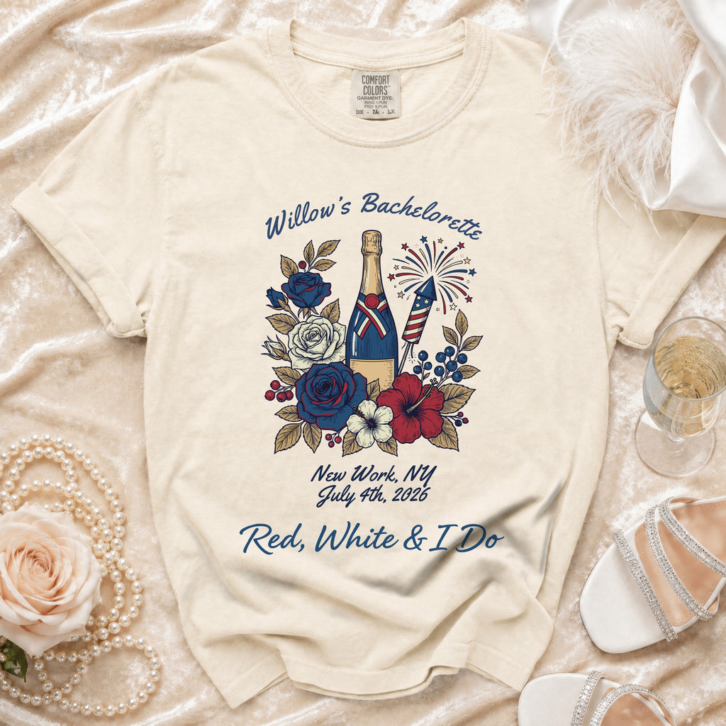 Willow's Bachelorette: Red, White & I Do tee with fireworks and flowers.