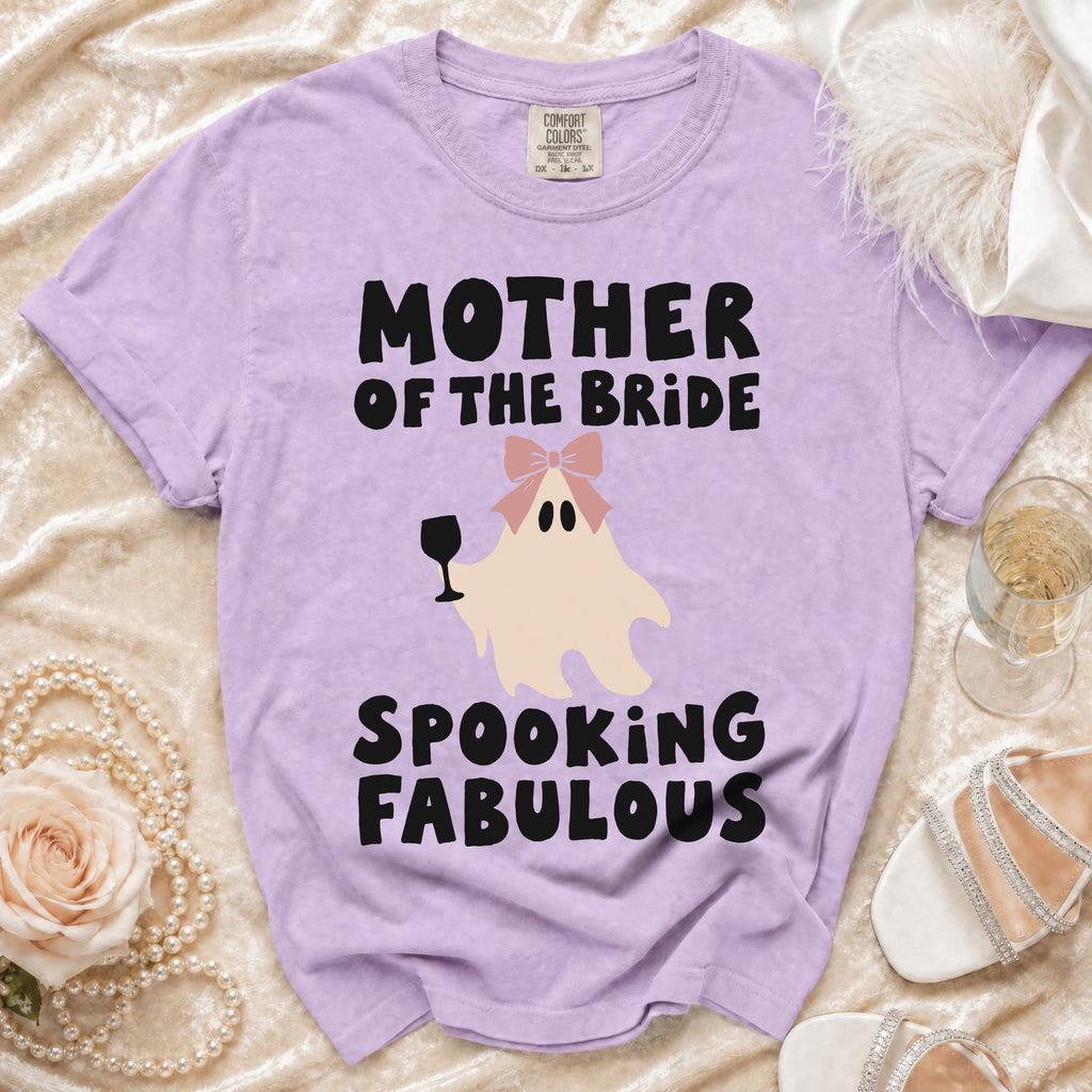 Purple Comfort Colors t-shirt with "Mother of the Bride Spooking Fabulous" text and a ghost graphic.
