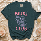 Teal t-shirt with "BRIDE 'til death do us party CLUB" text and skeleton bride graphic.