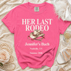 Pink t-shirt with "Her Last Rodeo Jennifer's Bach Nashville, TN Summer 2026" text.