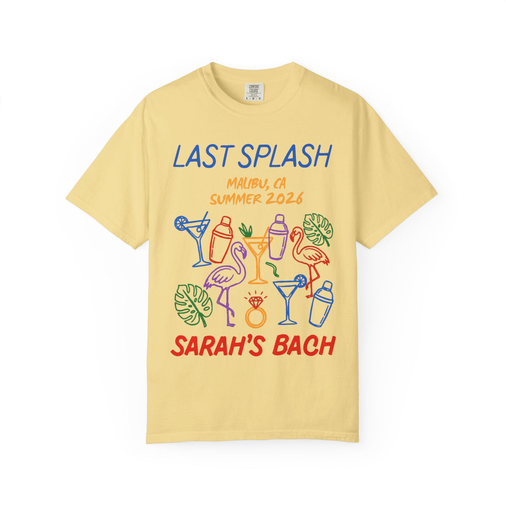 Yellow t-shirt with "LAST SPLASH MALIBU, SUMMER 2026 SARAH'S BACH" and colorful graphics.