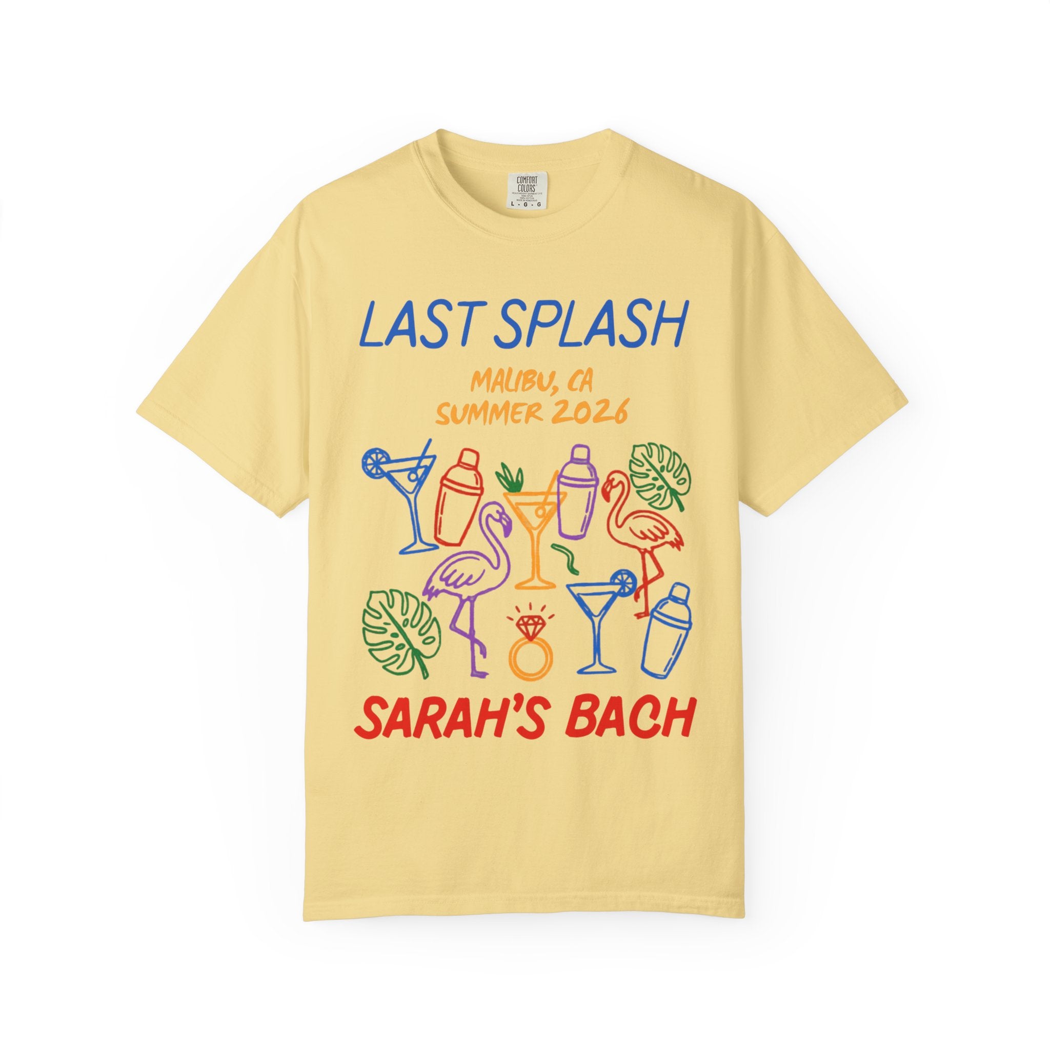 Yellow t-shirt with "LAST SPLASH MALIBU, SUMMER 2026 SARAH'S BACH" and colorful graphics.