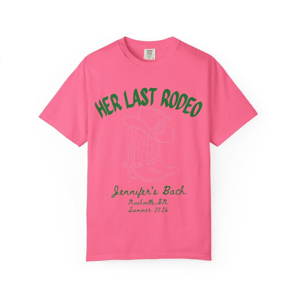 Pink t-shirt with "Her Last Rodeo" text, cowboy boots, and event details.