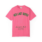 Pink t-shirt with "Her Last Rodeo" text, cowboy boots, and event details.