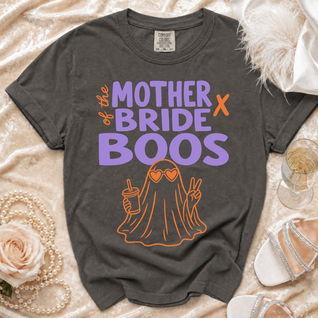 Dark grey t-shirt with "Mother of the Bride Boos" text and a ghost graphic.