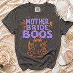Dark grey t-shirt with "Mother of the Bride Boos" text and a ghost graphic.
