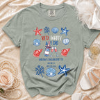 T-shirt with "Red, White & I Do" and bachelorette details.