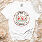White t-shirt with "The Bride Club Est. 2026 Members Only" graphic.