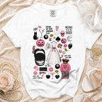 White t-shirt with "Mother of the Bride" graphics and text.