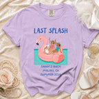 Purple t-shirt with "Last Splash Sarah's Bach Malibu CA Summer 2026" and flamingo graphic.