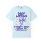 Light blue t-shirt with "Last Splash Sarah's Bach Malibu CA Summer 2026" text and palm tree.